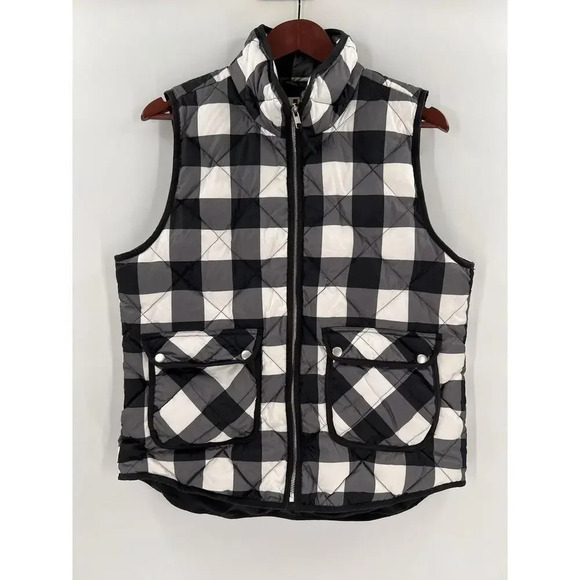 Woolrich Down Filled Black Gray White Plaid Quilted Puffer Vest Size LARGE - Picture 1 of 10